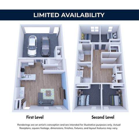Inviting two-level floor plan featuring an open-concept first level with a cozy living area and modern kitchen, and a second level with three spacious bedrooms and two bathrooms, ideal for family living.