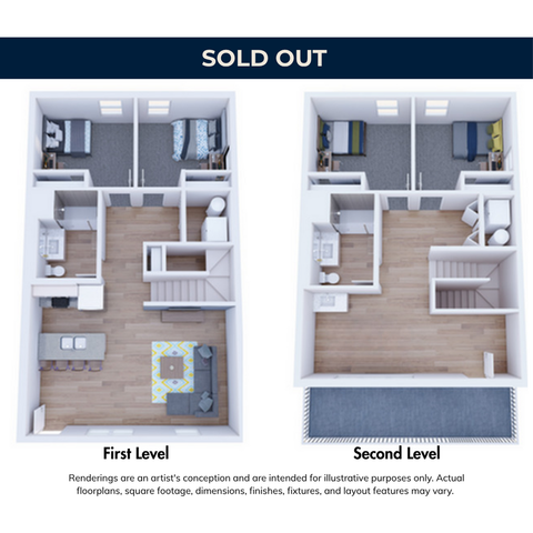 Charming two-level apartment floor plan illustrating three bedrooms, an open living area, and a modern kitchen, perfect for comfortable living.