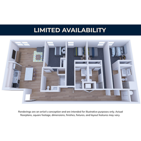 Modern 3D floor plan featuring 3 bedrooms, elegant kitchen, and open living space with wood flooring. Limited availability.
