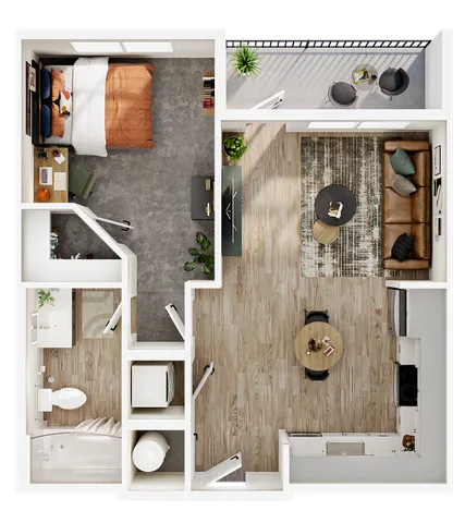 Modern open-concept floor plan featuring a cozy bedroom, spacious living area with stylish furniture, sleek kitchen, and a private balcony.