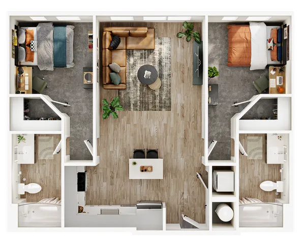 Modern 3D floor plan showcasing two spacious bedrooms, a stylish open living area, and a contemporary kitchen with an island. Includes two elegant bathrooms and ample natural light.