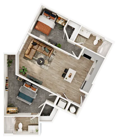 Modern 3D floor plan showcasing 2 cozy bedrooms, stylish open-plan living area, and sleek kitchen design.