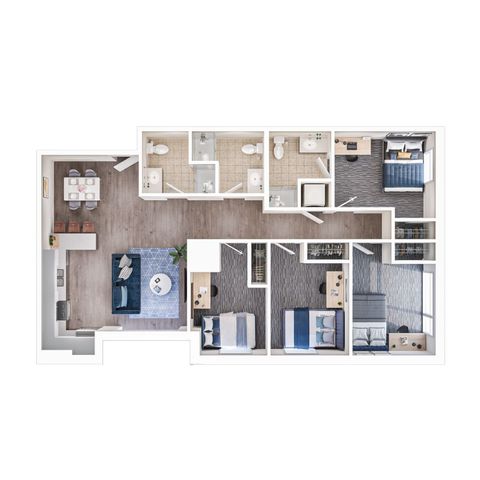 Modern 3D floor plan showcasing three spacious bedrooms, elegant open living and dining area, and convenient en-suite and shared bathrooms.