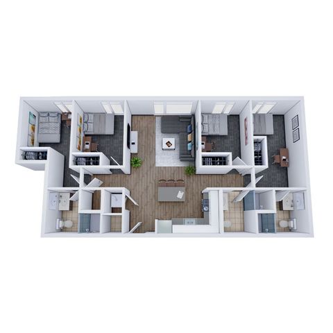 Modern 3D floor plan featuring 3 spacious bedrooms, a cozy living room, and an open kitchen design. Ideal for comfortable living with two stylish bathrooms and ample natural light.