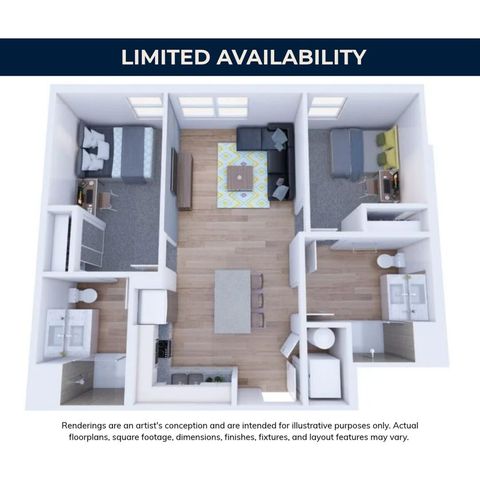 Modern 3D floor plan with 2 bedrooms, an inviting living room, and a fully-equipped kitchen, highlighted by elegant design and limited availability.