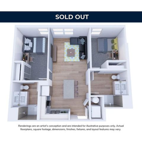 Modern 3D floor plan illustrating two bedrooms, a cozy living area, and a sleek kitchen, perfect for stylish urban living.