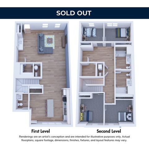 Sophisticated 3D floor plan showcasing a two-level apartment with an open-concept first level, modern kitchen, welcoming living area, and two cozy bedrooms on the second level.
