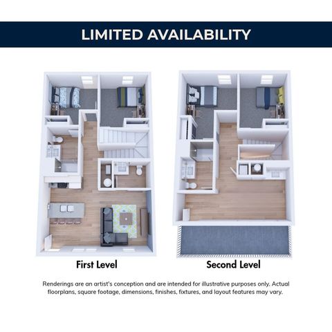 Modern two-level floor plan with limited availability, showcasing spacious living areas and well-designed bedrooms. First level features an open kitchen and cozy living room, while the second level offers additional sleeping quarters.