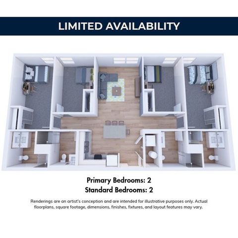 Modern floor plan displaying 2 primary bedrooms, 2 standard bedrooms, a spacious living area, and a contemporary kitchen.