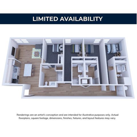 Modern 3D floor plan showcasing 3 bedrooms, a contemporary open-layout living and dining area, and a sleek kitchen. Ideal for stylish living with limited availability.