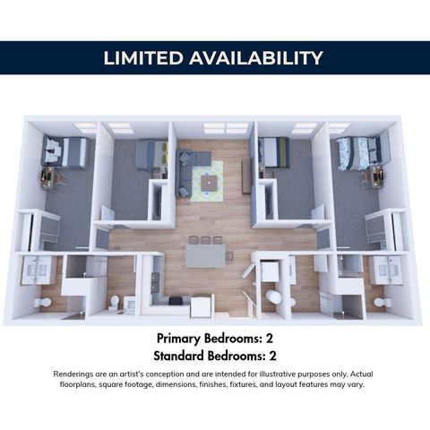 Modern apartment floor plan with 4 bedrooms, spacious living area, and contemporary open kitchen. Limited availability.