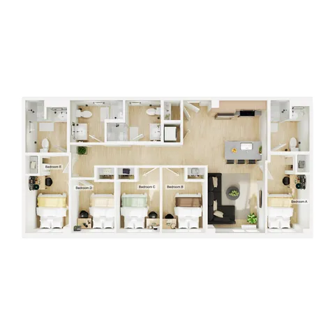 Modern 2D floor plan featuring 5 bedrooms, a sleek open kitchen, and a cozy living area. Ideal for spacious family living.