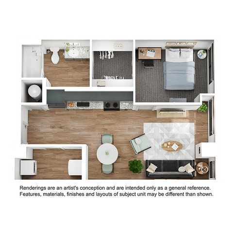 Modern 3D floor plan showcasing a cozy bedroom, open-concept living and dining area, efficient kitchen, and stylish bathroom.