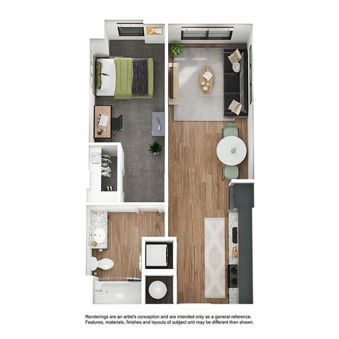 Modern 1-bedroom apartment floor plan with an inviting living room, sleek kitchen, and cozy bathroom, featuring warm wood flooring.