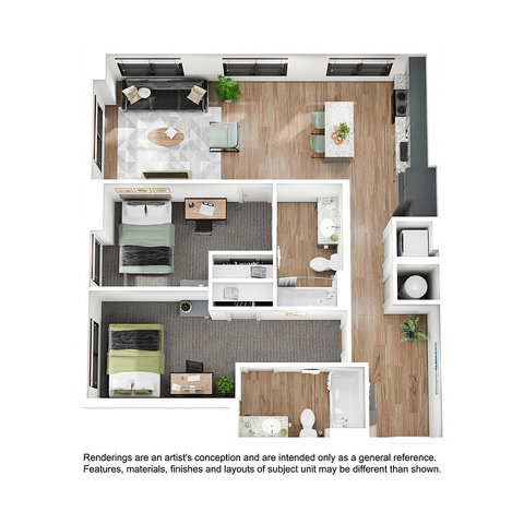 Modern 3D floor plan showcasing a sleek apartment with two spacious bedrooms, a stylish open-plan living area, and a contemporary kitchen.