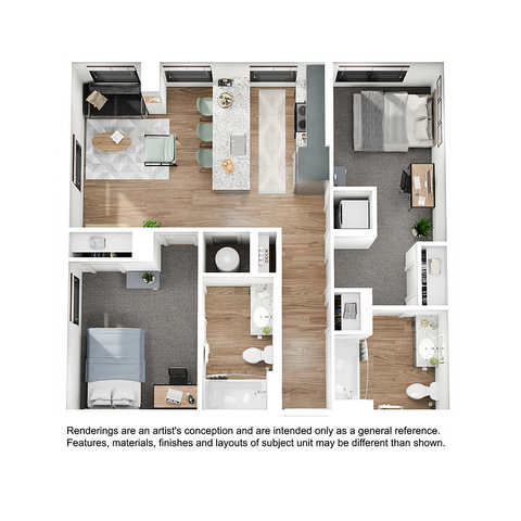 Modern apartment floor plan featuring 2 bedrooms, open-concept kitchen with island, spacious living area, and 2 bathrooms, designed for comfort and style.