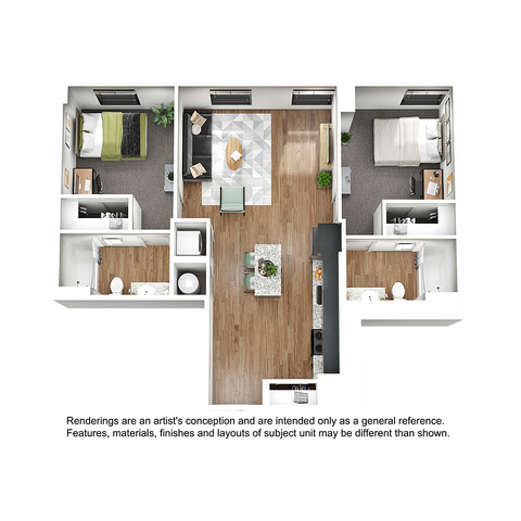 Charming 3D floor plan showcasing modern open living space with 2 cozy bedrooms, stylish kitchen with island seating, and elegant bathrooms, perfect for comfortable living.