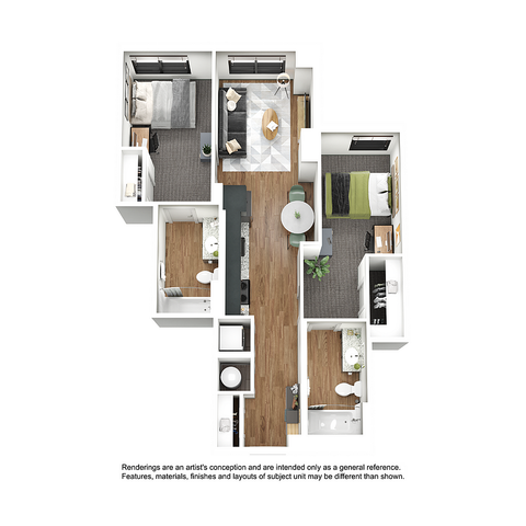 Modern 2D floor plan showcasing a refined 3-bedroom layout, stylish open-concept living area, sleek kitchen, and elegant bathrooms.