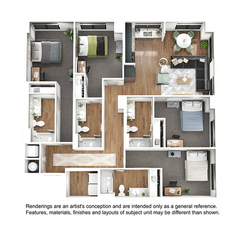 Spacious 3-bedroom apartment floor plan with modern open-concept living and dining area, sleek kitchen, and three bathrooms.
