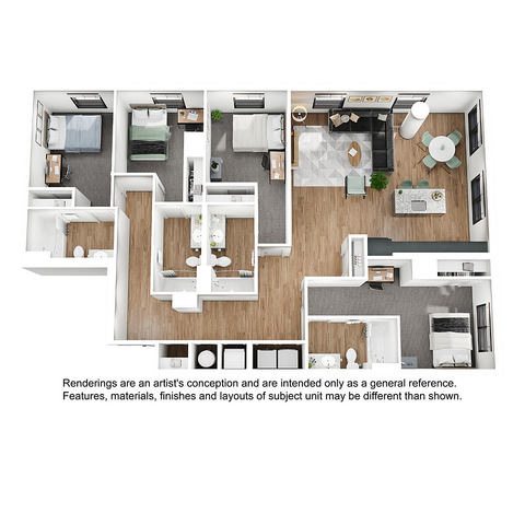 Elegant 3D floor plan showcasing four spacious bedrooms, an open-concept kitchen with dining area, and a cozy living room, featuring modern design and ample natural light.