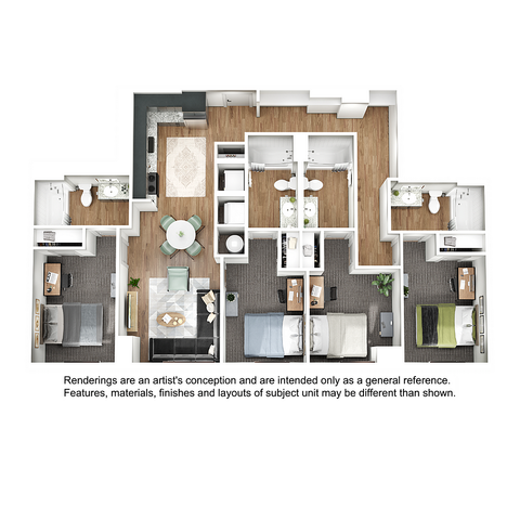 Modern floor plan with three bedrooms, two bathrooms, open-concept living and dining area, and a sleek kitchen design.