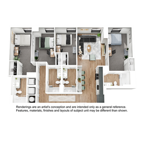 Modern 3D floor plan showcasing 3 bedrooms, a stylish open-concept living space, and a sleek kitchen, perfect for contemporary living.