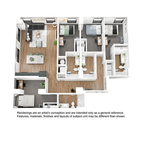 Contemporary 3D floor plan showcasing a modern apartment with three spacious bedrooms, an elegant open-plan living and dining area, and a sleek kitchen design.