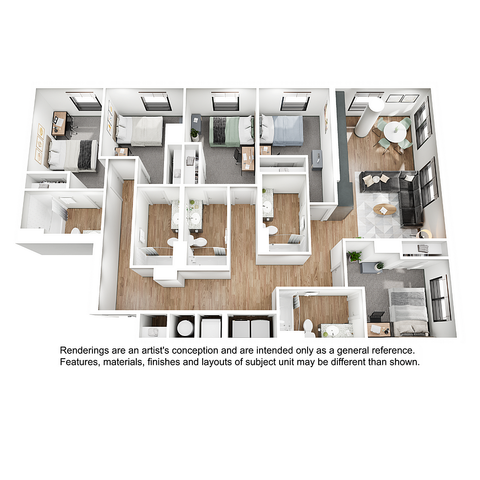Modern 3D floor plan showcasing a spacious layout with four bedrooms, a generous living room, and an elegant kitchen. Sleek design and ample natural light.