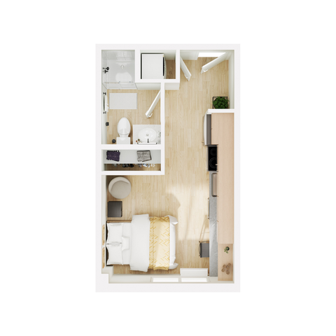 Chic studio apartment floor plan with cozy sleeping area, compact kitchen, and modern bathroom.