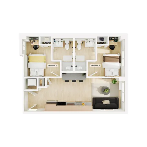 Modern floor plan displaying two cozy bedrooms, dual bathrooms, a sleek kitchen, and an inviting living area.