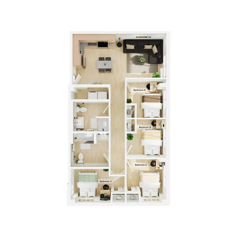 Contemporary floor plan displaying 4 cozy bedrooms, a modern kitchen with a dining area, and a spacious living room, perfect for family living.