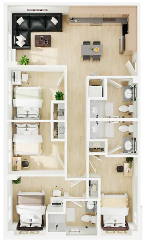 Contemporary 3-bedroom floor plan featuring a spacious open-concept living area, modern kitchen, and two stylish bathrooms.
