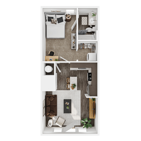 Modern 1-bedroom apartment floor plan with an inviting open-concept living area, stylish kitchen island, and a cozy bedroom with an en-suite bathroom.