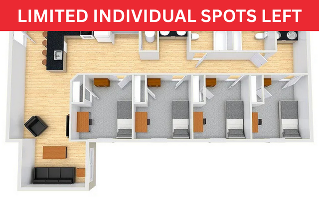 Modern apartment floor plan featuring four cozy bedrooms, a spacious living area, and a sleek kitchen with an island. Limited individual spots left for this stylish layout.
