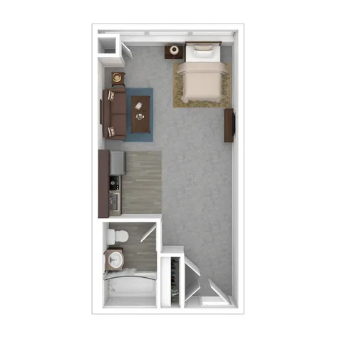 Chic studio apartment floor plan featuring a cozy sleeping area, compact kitchen, and modern bathroom layout.