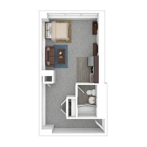 Modern studio apartment floor plan with an open-concept design, featuring a cozy bedroom area, efficient kitchen, stylish living space, and a compact bathroom.