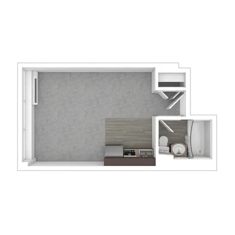 Modern studio apartment layout featuring an open living area, sleek kitchenette, and stylish bathroom.
