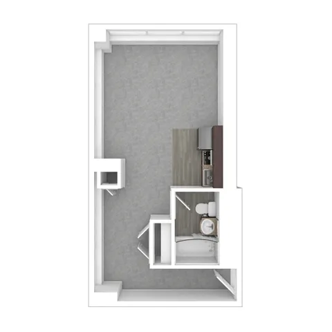 Modern studio apartment floor plan with open living area, sleek kitchen, and a compact bathroom.