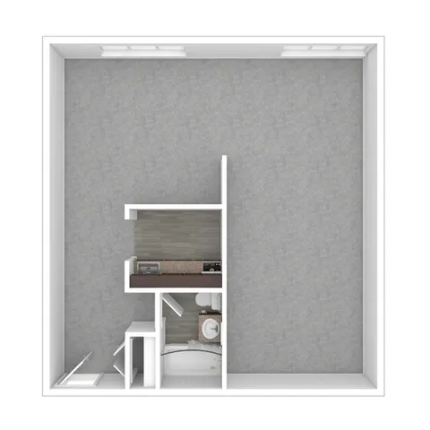 Chic studio apartment floor plan showcasing open living area with integrated kitchen and modern bathroom.