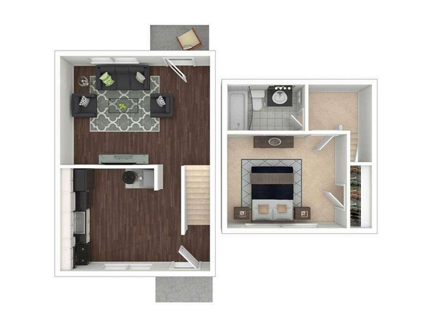 Chic 3D floor plan highlighting a modern 1-bedroom apartment with a cozy living area, stylish kitchen, and elegant bathroom.