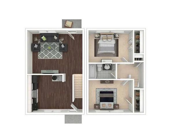 Modern 2D floor plan showcasing two spacious bedrooms, elegant living room with hardwood floors, and a well-appointed kitchen.