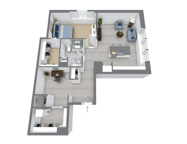 Modern floor plan showcasing a spacious open-concept layout, featuring one bedroom, dedicated office space, cozy living area, and sleek kitchen.