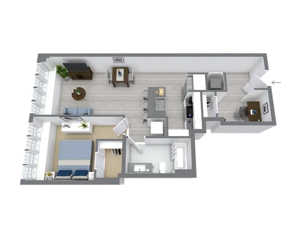 Modern 3D floor plan showcasing a stylish one-bedroom apartment with an open-concept living area, sleek kitchen, and cozy dining space, perfect for urban living.