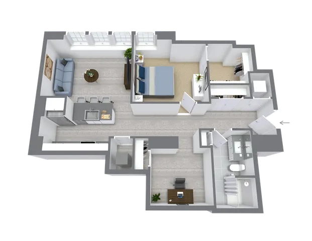 Modern 3D floor plan showcasing a bright 1-bedroom apartment with an open living area, stylish kitchen, and elegant bathroom, perfect for contemporary living.