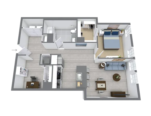 Modern 3D floor plan showcasing a cozy 1-bedroom apartment with open living space, sleek kitchen, and elegant bathroom.