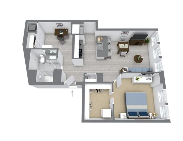 Chic 3D floor plan featuring a spacious bedroom, modern kitchen with island, cozy living room, and a functional home office.