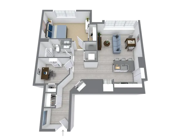 Modern 3D floor plan showcasing a spacious one-bedroom apartment with open-concept living area, sleek kitchen, and stylish office space.