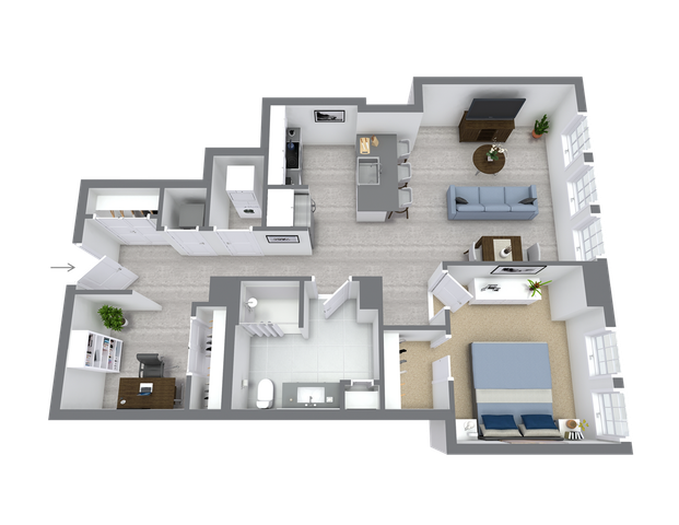Modern 3D floor plan showcasing a spacious layout with a large bedroom, open-concept living room, and sleek kitchen. Includes a cozy office space, elegant bathroom, and abundant natural light.