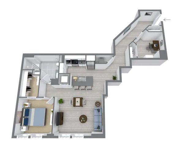 Modern 3D floor plan showcasing 1 bedroom, sleek kitchen with island, open living area, and a dedicated office space.