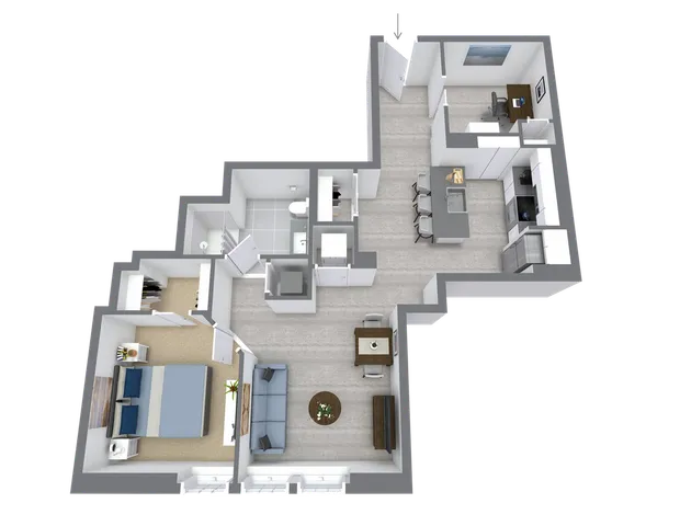 Modern 3D floor plan showcasing a stylish one-bedroom apartment with a contemporary kitchen, cozy living area, and dedicated workspace.